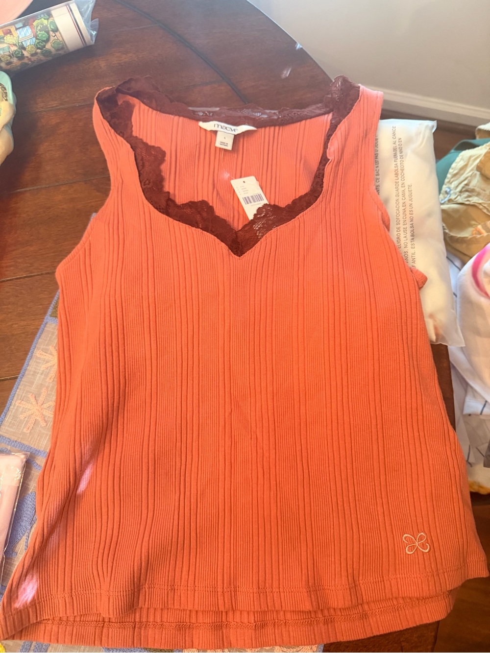 Maeve Coral Ribbed Tank with dark red Lace Trim